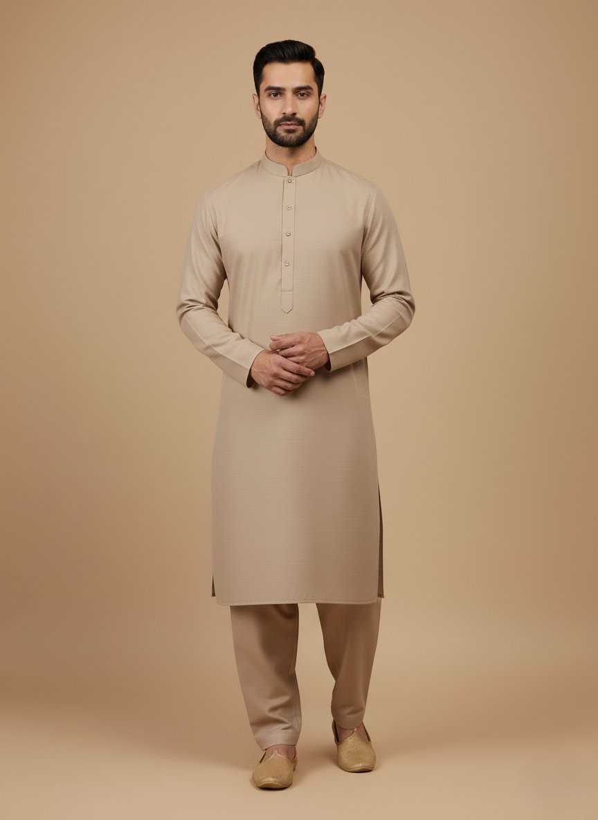 Premium Beige Cotton Fabric - Soft & Versatile Material - 1 Folded premium beige cotton fabric, soft and ready for sewing projects like a sweater or other apparel.