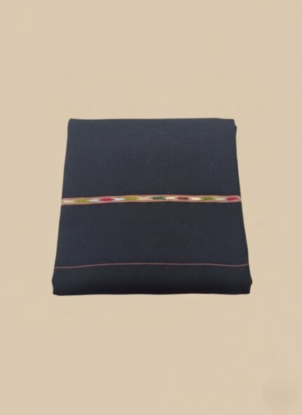 Black men's shawl with colorful embroidered stripe, folded neatly on a light background.