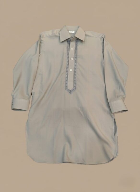 Boy wearing a grey kameez with embroidered placket and full sleeves; additional flat-lay image of the boys grey kameez on beige background.