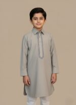 A classic boys grey kameez featuring soft fabric, elegant embroidery, and a polished traditional design—perfect for festive and formal occasions.