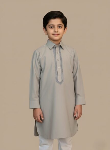 A classic boys grey kameez featuring soft fabric, elegant embroidery, and a polished traditional design—perfect for festive and formal occasions.