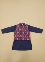 Child wearing a navy boys kurta waistcoat set with a maroon argyle waistcoat, plus flat-lay of the complete outfit.