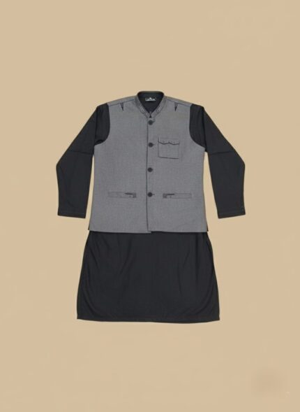 Child wearing a black boys kurta waistcoat set with a grey waistcoat, along with a flat-lay of the complete outfit.