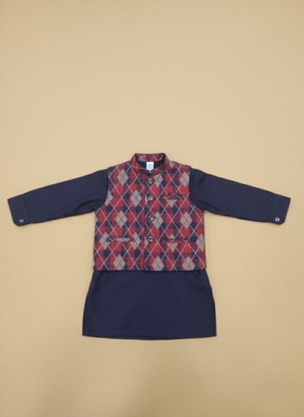 Child wearing a navy boys kurta waistcoat set with a maroon argyle waistcoat, plus flat-lay of the complete outfit.