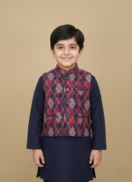 Child wearing a navy boys kurta waistcoat set with a maroon argyle waistcoat, plus flat-lay of the complete outfit.