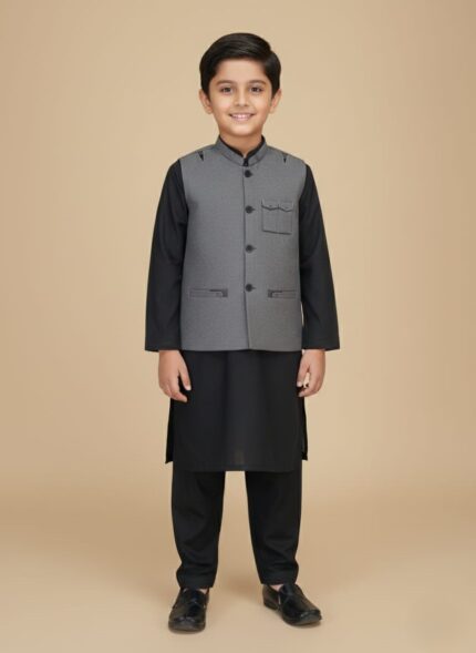 Child wearing a black boys kurta waistcoat set with a grey waistcoat, along with a flat-lay of the complete outfit.