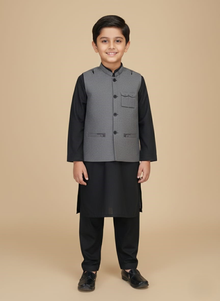 Premium Boys Kurta Waistcoat Set Child wearing a black boys kurta waistcoat set with a grey waistcoat, along with a flat-lay of the complete outfit.