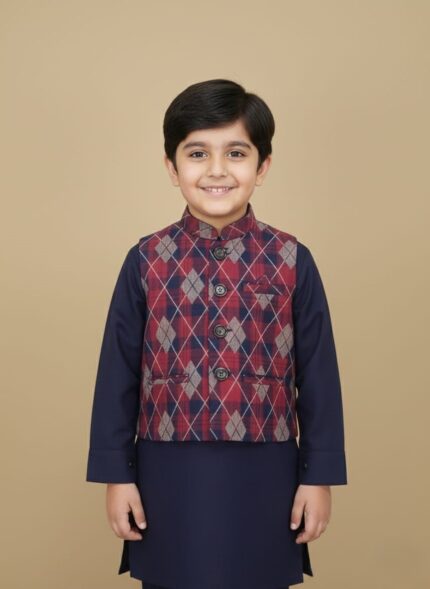 Child wearing a navy boys kurta waistcoat set with a maroon argyle waistcoat, plus flat-lay of the complete outfit.