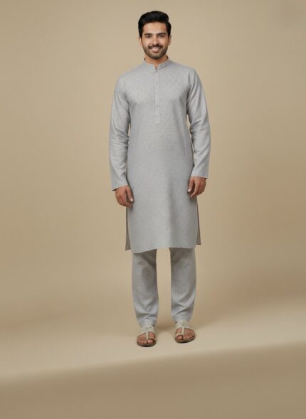 Premium grey fabric roll with a striped edge, high-quality textile for tailoring.