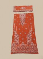 Vibrant orange Khaddar 3 Piece Unstitched Suit with detailed white and maroon embroidery on the shirt and a matching plain bottom and printed dupatta.