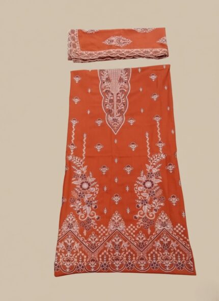 Vibrant orange Khaddar 3 Piece Unstitched Suit with detailed white and maroon embroidery on the shirt and a matching plain bottom and printed dupatta.