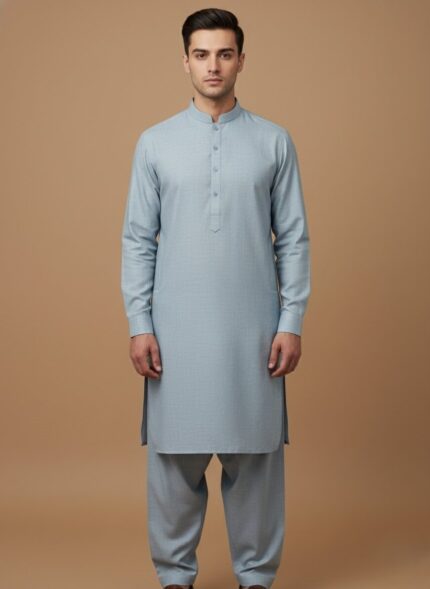 Light blue men's suiting fabric, Super 100s Diamond weave, premium textile, folded bolt