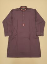 Maroon boys kurta with contrasting collar and buttons displayed on a child and flat lay.