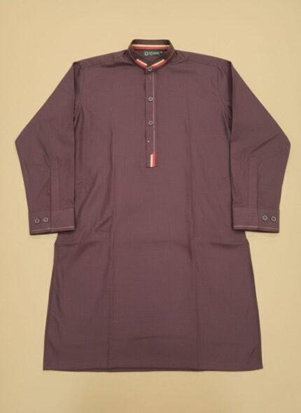 Maroon boys kurta with contrasting collar and buttons displayed on a child and flat lay.