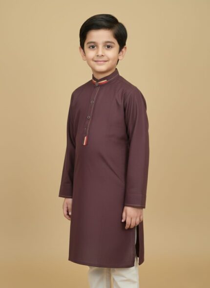 Maroon boys kurta with contrasting collar and buttons displayed on a child and flat lay.