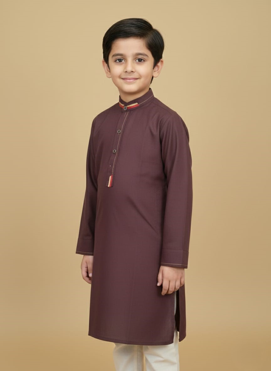 Premium Maroon Boys Kurta with Contrasting Collar Detailing Maroon boys kurta with contrasting collar and buttons displayed on a child and flat lay.