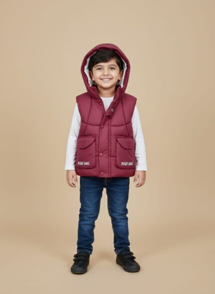Young boy wearing a maroon hooded kids' puffer vest with "PLEASE SMILE" text, a warm sleeveless jacket.