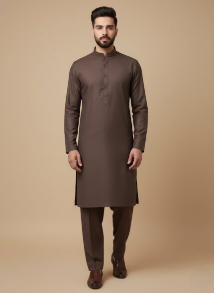 Folded premium men's suit fabric in a sophisticated grey-brown shade, ideal for unstitched custom suits and formal wear.