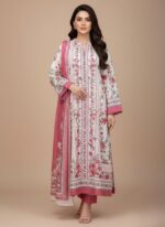 Pink Floral Lawn Suit 3-piece unstitched fabric with large pink and white floral print and solid pink base fabric on a wooden display table.