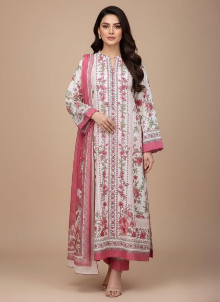 Pink Floral Lawn Suit 3-piece unstitched fabric with large pink and white floral print and solid pink base fabric on a wooden display table.