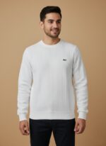 White men’s sweater with textured knit pattern, crewneck style, and embroidered chest logo.