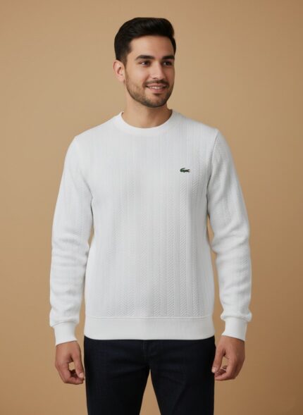 White men’s sweater with textured knit pattern, crewneck style, and embroidered chest logo.