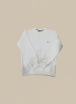 White men’s sweater with textured knit pattern, crewneck style, and embroidered chest logo.