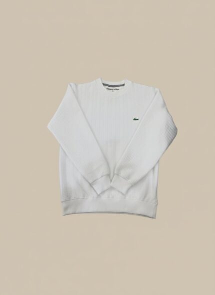White men’s sweater with textured knit pattern, crewneck style, and embroidered chest logo.