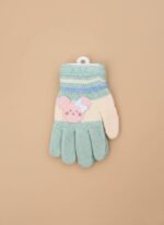 A close-up of soft, knitted Kids' Bunny Mittens in light blue and beige, featuring a cute bunny emblem on each glove, designed for warmth and play.