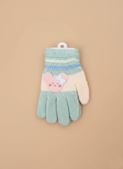 A close-up of soft, knitted Kids' Bunny Mittens in light blue and beige, featuring a cute bunny emblem on each glove, designed for warmth and play.