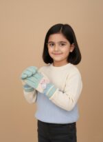 A close-up of soft, knitted Kids' Bunny Mittens in light blue and beige, featuring a cute bunny emblem on each glove, designed for warmth and play.