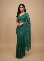 Emerald Green Sequin Lace Saree Fabric with Embroidery