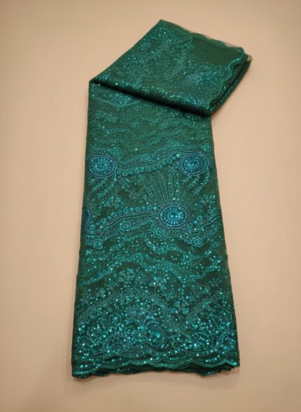 Emerald Green Sequin Lace Saree Fabric with Embroidery