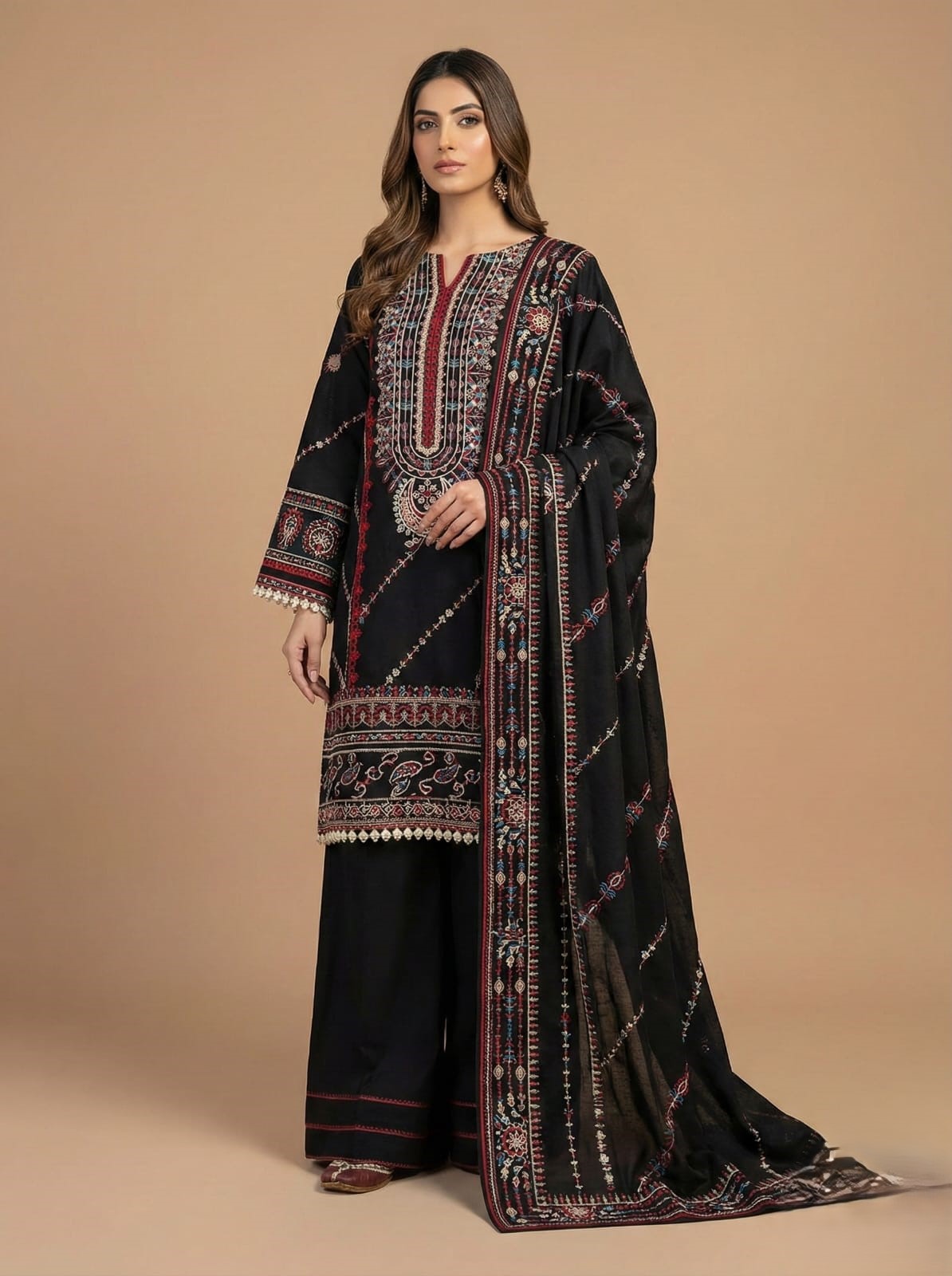 Model wearing QALAMKAR Premium Embroidered Luxury Dhanak AK-3187 3-piece suit featuring a stunning black shirt with vibrant embroidery and a matching shawl