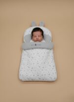 Ralph Lauren grey and white baby sleeping bag with star print and bunny ears, infant cotton swaddle sleeper