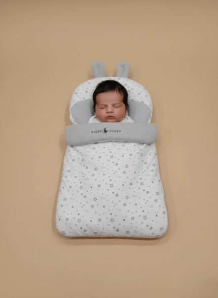 Ralph Lauren grey and white baby sleeping bag with star print and bunny ears, infant cotton swaddle sleeper