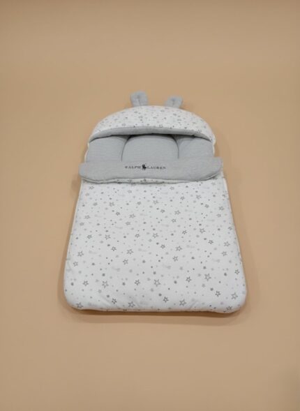 Ralph Lauren grey and white baby sleeping bag with star print and bunny ears, infant cotton swaddle sleeper