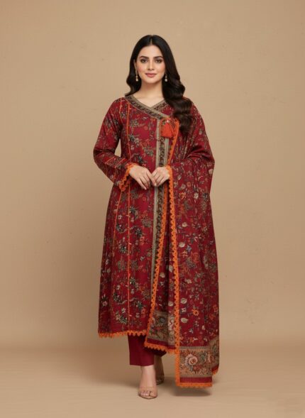A woman wearing a vibrant maroon floral printed khaddar Angrakha style suit with a long-sleeved, flared kurta, matching maroon trousers, and a coordinating printed khaddar dupatta. The suit features colorful floral prints and orange lace trim.