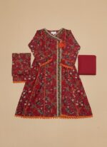 Rich Maroon Floral Printed Khaddar Angrakha Suit - Image 2