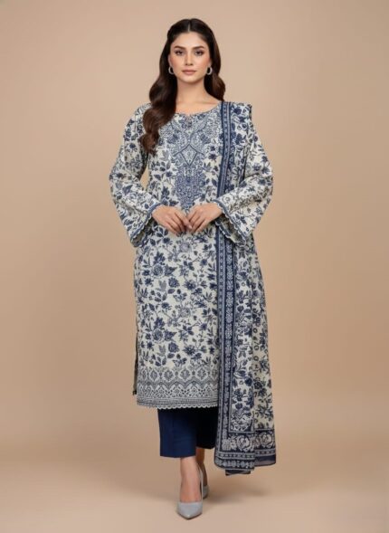 Model displaying the Sapphire Luxury Khaddar Jalandar Arts unstitched 3-piece suit featuring a navy blue printed design with an embroidered neckline.