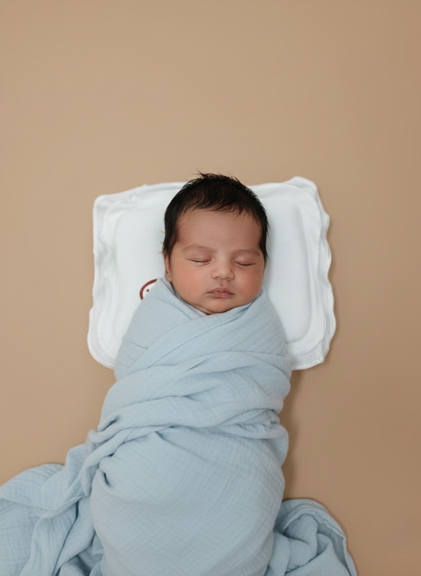 Soft Baby Pillow with Fun Car Print White baby pillow with a colorful car, palm tree, and sun illustration, set against a light brown background.
