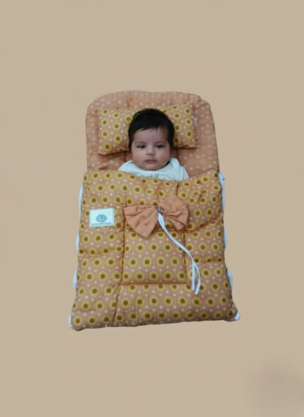 Soft baby sleeping bag with sunflower print and pillow for newborn comfort and warmth