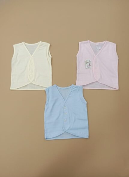 Three pastel baby sleeveless vests in cream, pink, and blue with front button closure, displayed on beige background.