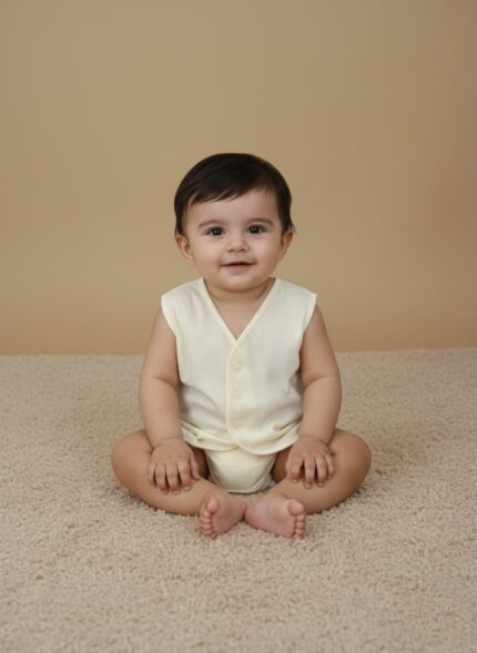 Three pastel baby sleeveless vests in cream, pink, and blue with front button closure, displayed on beige background.
