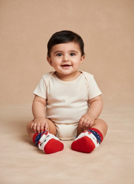 Soft cotton baby socks and booties set for newborns 0–6 months featuring bear slippers and colorful Carter’s socks.