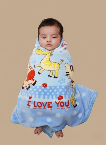 Soft blue baby blanket with cartoon zebra, giraffe, tiger, and yellow character, featuring "I LOVE YOU" and "Smile Every Day" text, ideal for babies and toddlers.