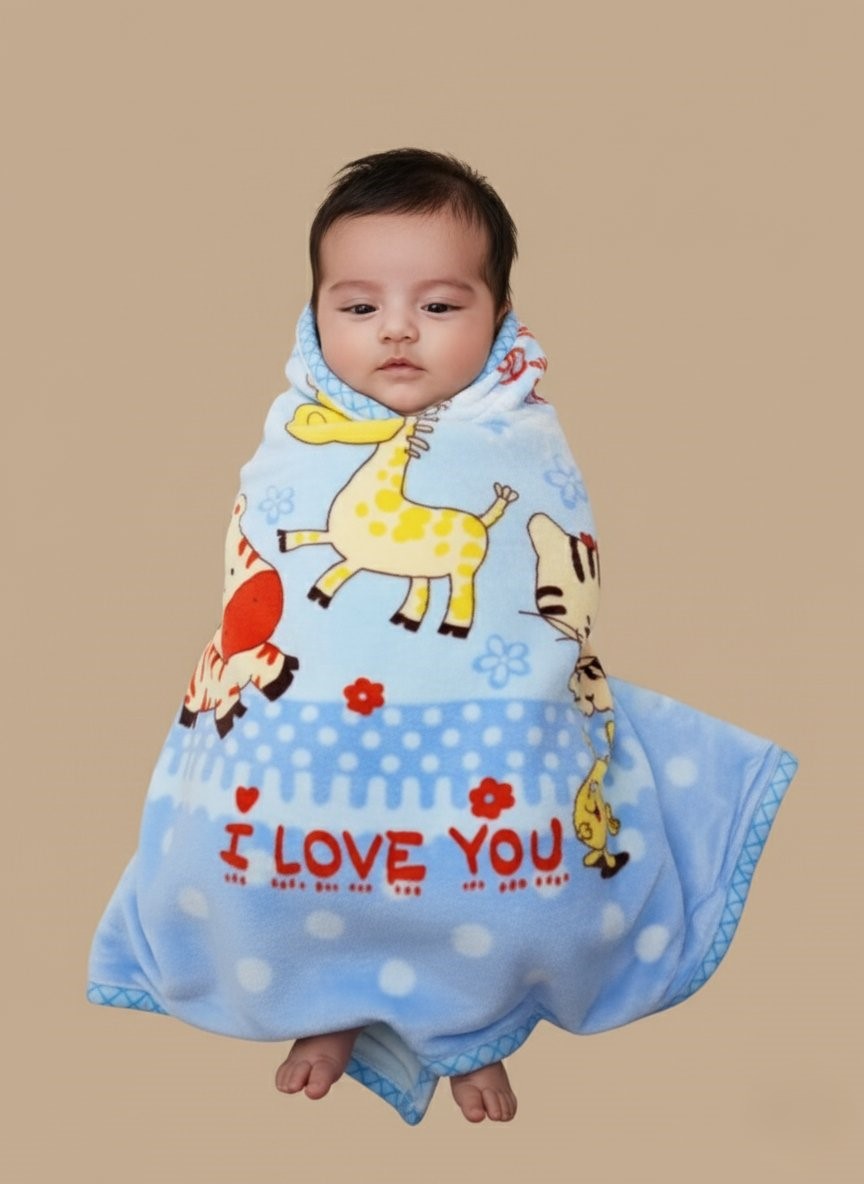 Soft & Cuddly Baby Animals Blue Blanket - Perfect for Nursery & Toddlers - 1 Soft blue baby blanket with cartoon zebra, giraffe, tiger, and yellow character, featuring "I LOVE YOU" and "Smile Every Day" text, ideal for babies and toddlers.