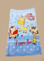 Soft blue baby blanket with cartoon zebra, giraffe, tiger, and yellow character, featuring "I LOVE YOU" and "Smile Every Day" text, ideal for babies and toddlers.
