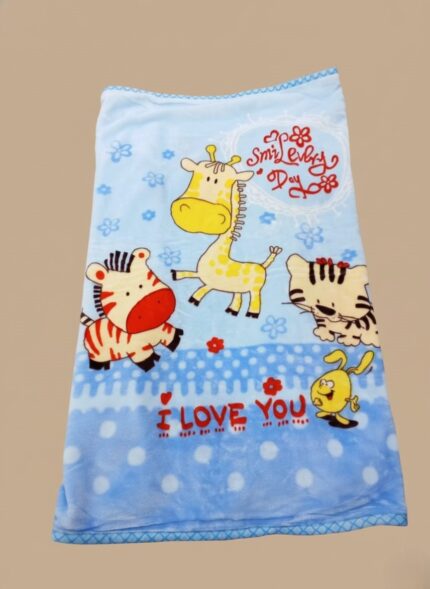 Soft blue baby blanket with cartoon zebra, giraffe, tiger, and yellow character, featuring "I LOVE YOU" and "Smile Every Day" text, ideal for babies and toddlers.