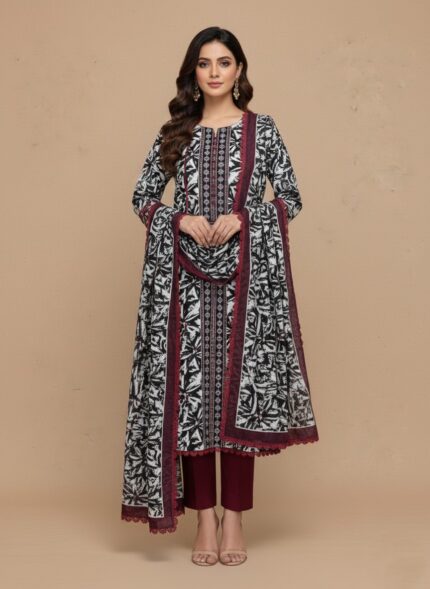A woman wearing a black and white abstract floral printed khaddar suit with a long-sleeved shirt, matching maroon trousers, and a coordinating printed khaddar dupatta. The suit features maroon lace trim.